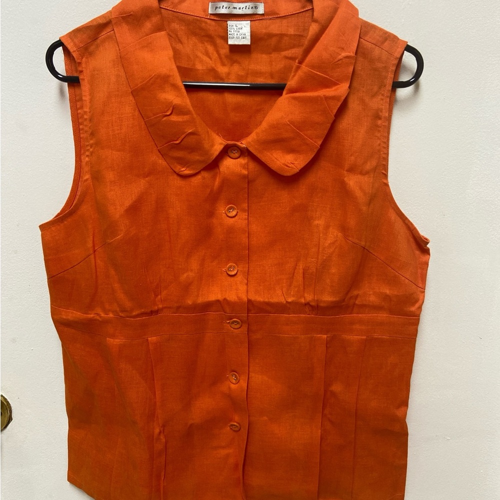 Peter Martin Women's Orange Button-Down Sleeveless Shirt 100% Linen